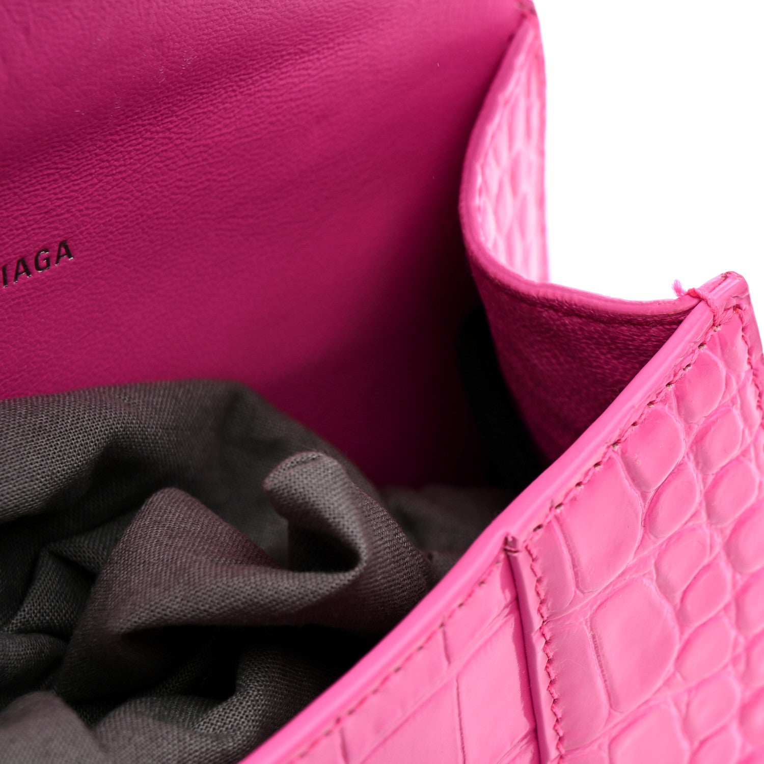 Balenciaga Shiny Calfskin Crocodile Embossed Hourglass Top Handle Bag XS Neon Pink 14 of 15