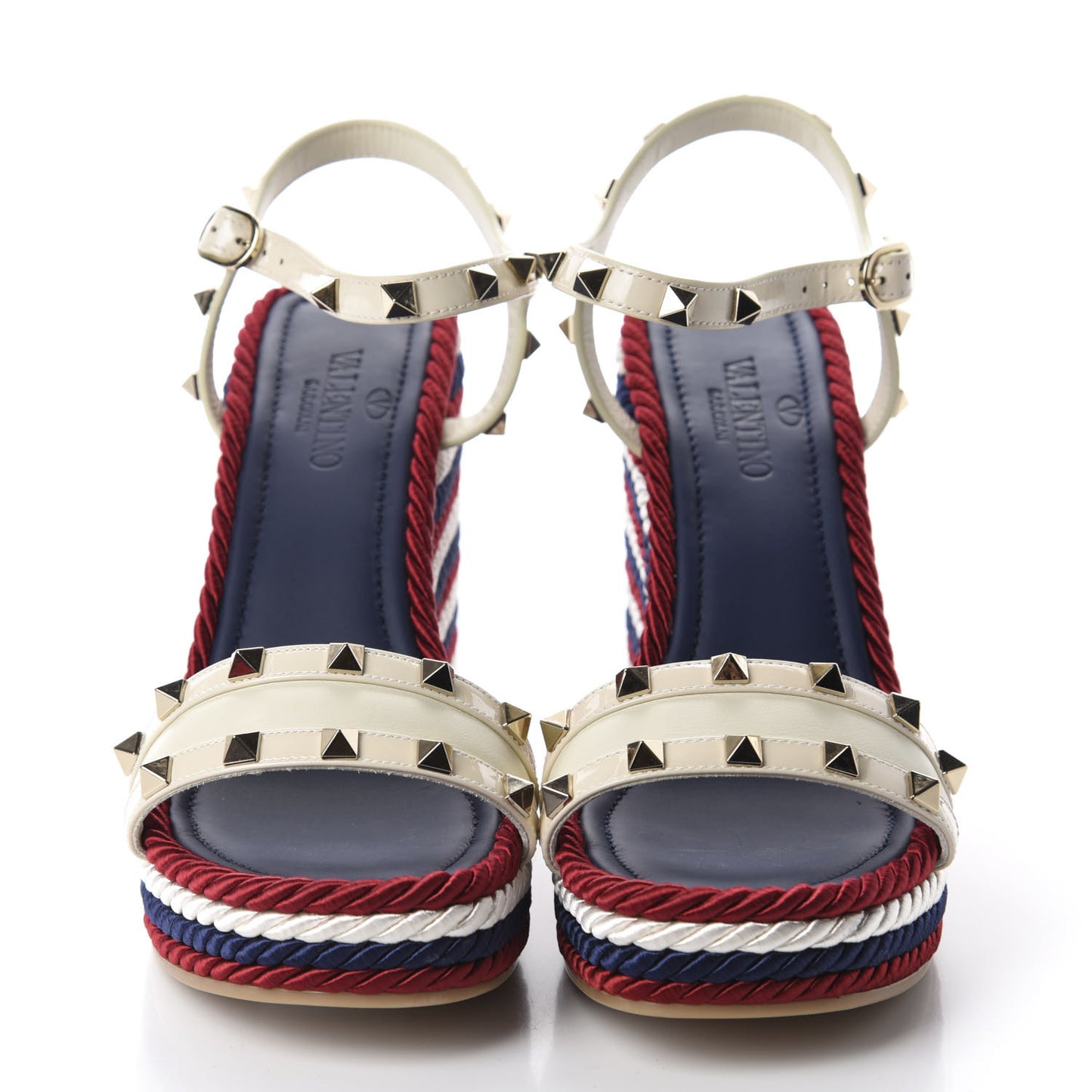 Patent Calfskin Rockstud Torchon Espadrille 25/115mm Wedge Sandals 39 Light Ivory