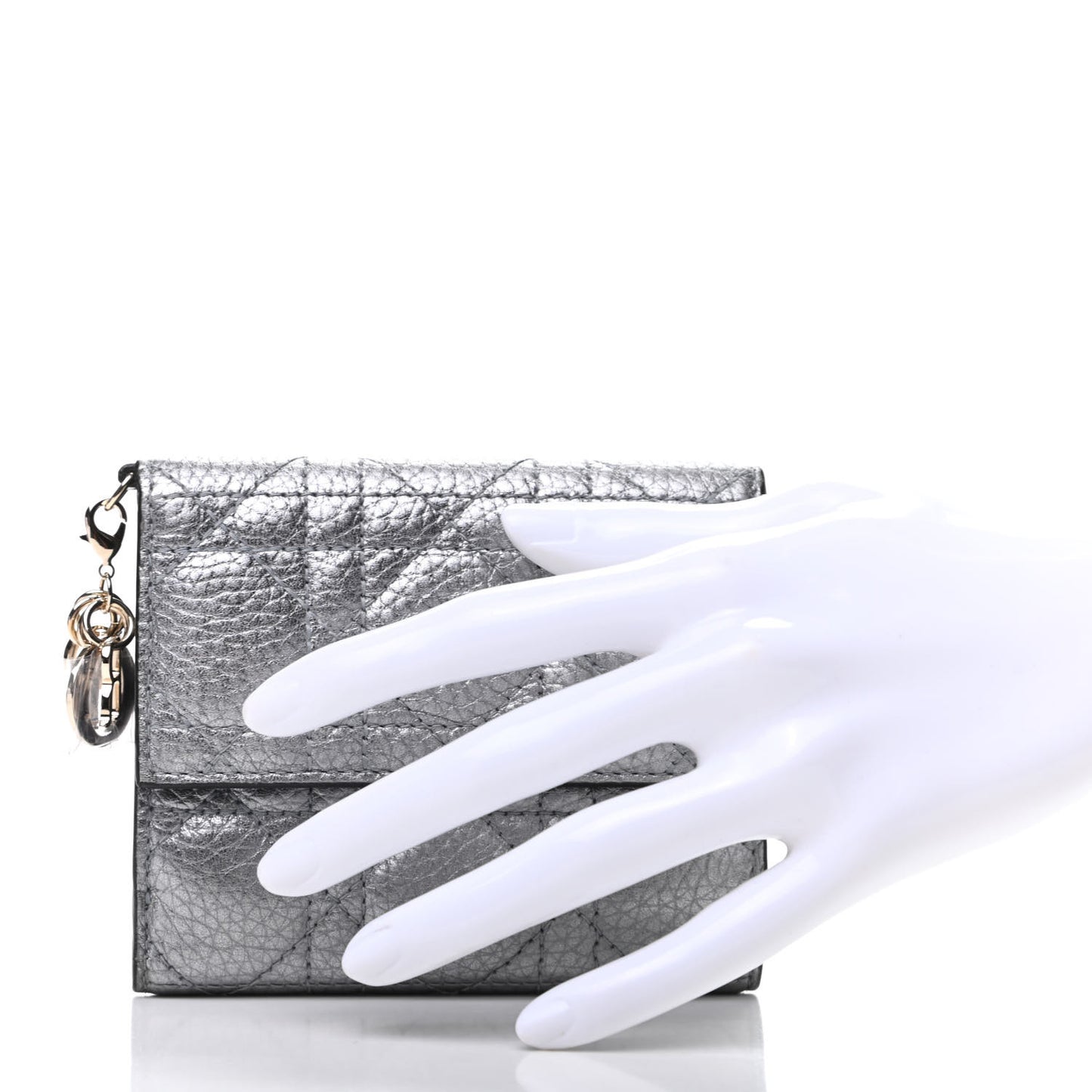 Metallic Grained Calfskin Cannage Lady Dior French Wallet Steel