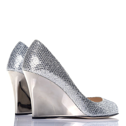 Jimmy Choo Glitter Fabric Baxen Peep Toe Wedges 36.5 Silver 4 of 9