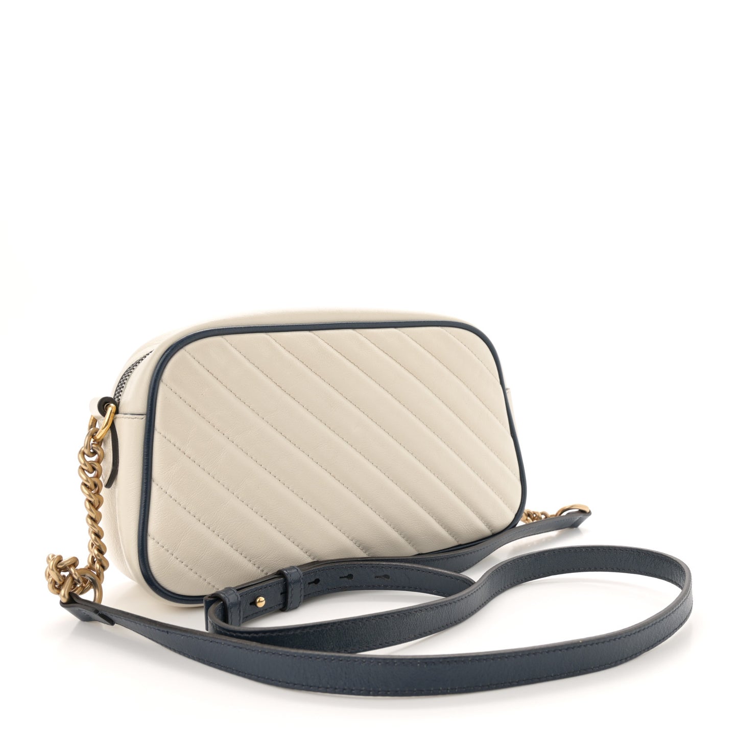 Vintage Effect Calfskin Matelasse Diagonal Small Torchon GG Marmont Chain Shoulder Bag Mystic White Blue Agata