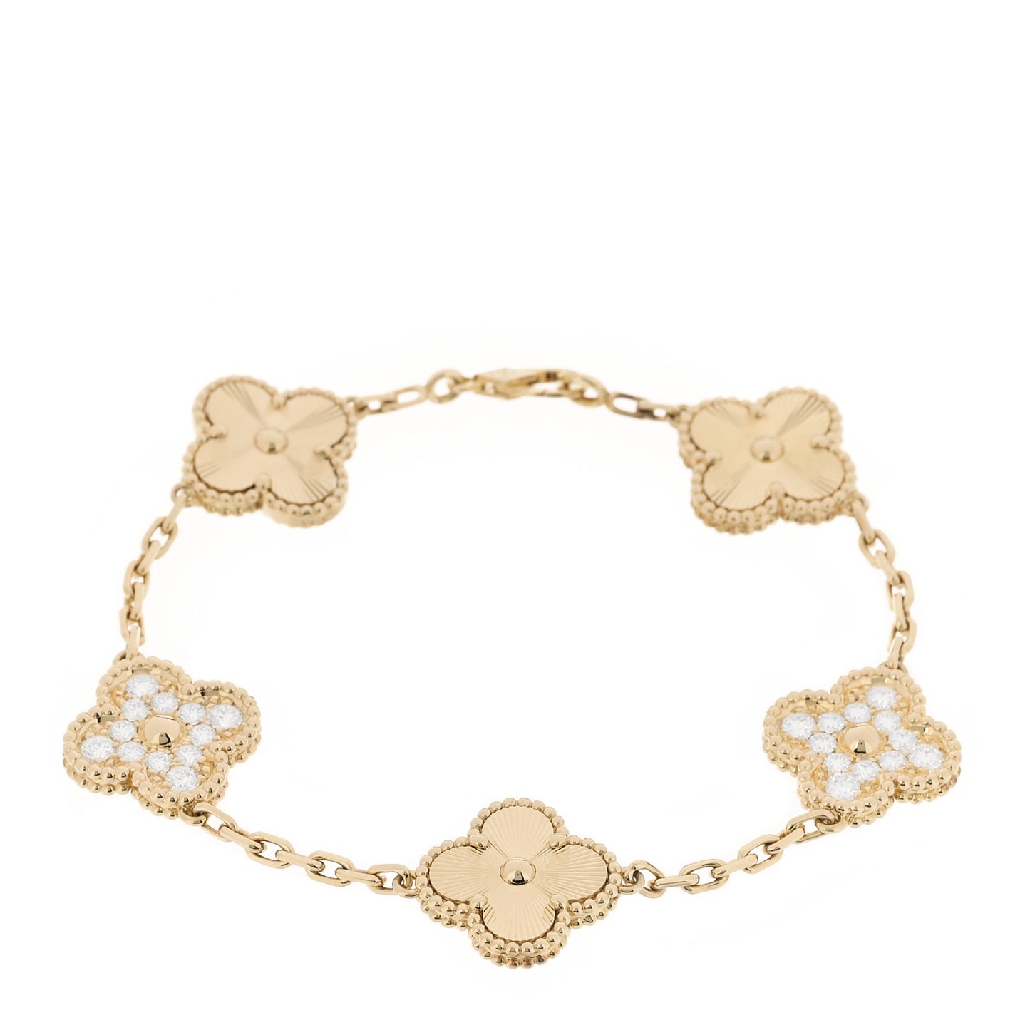 18K Yellow Gold Diamond 5 Motifs Guilloche Vintage Alhambra Bracelet