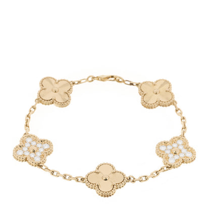 Van Cleef & Arpels 18K Yellow Gold Diamond 5 Motifs Guilloche Vintage Alhambra Bracelet 1 of 5