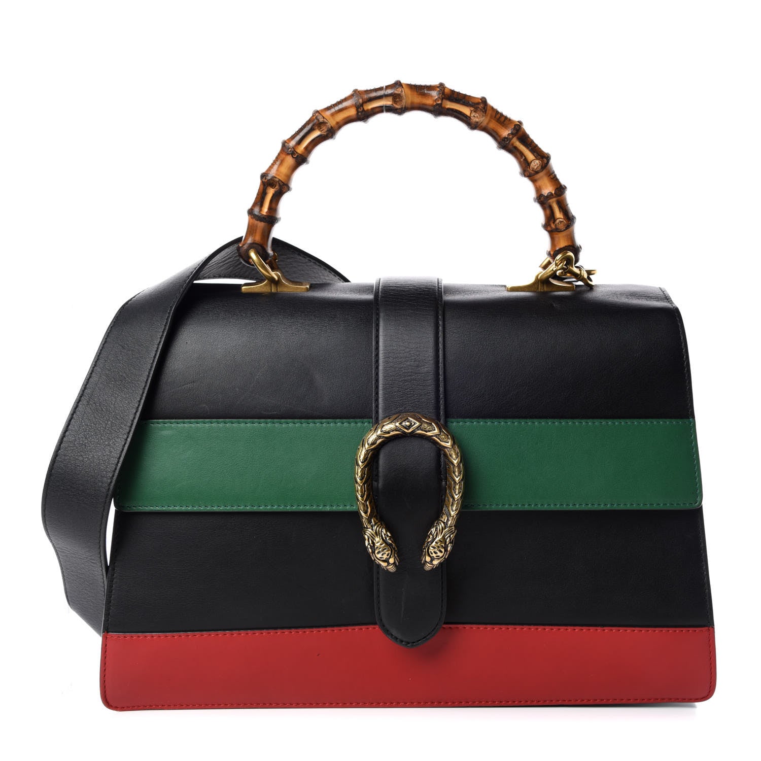 Gucci Calfskin Bamboo Web Large Dionysus Top Handle Bag Black Bright Evergreen Hibiscus Red 1 of 11