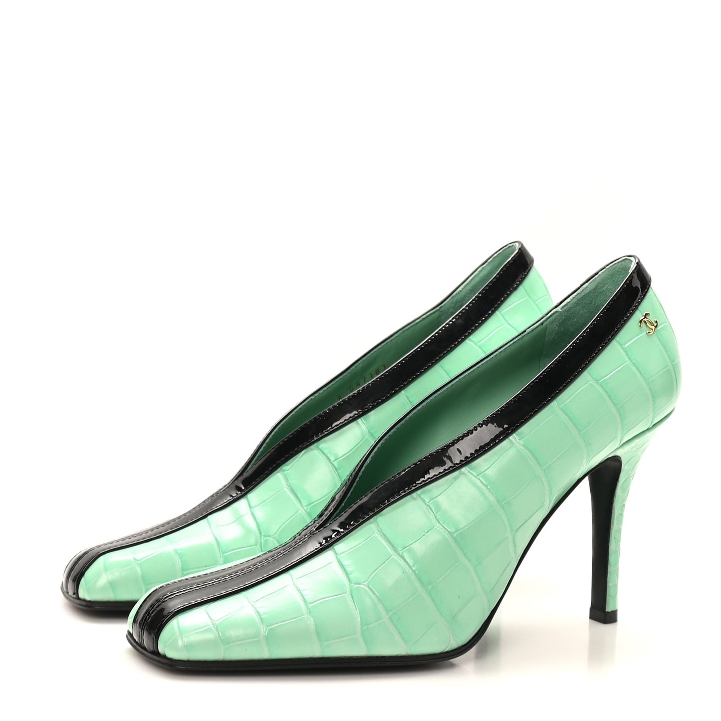 Crocodile Embossed Patent Calfskin Pumps 39.5 Green Black