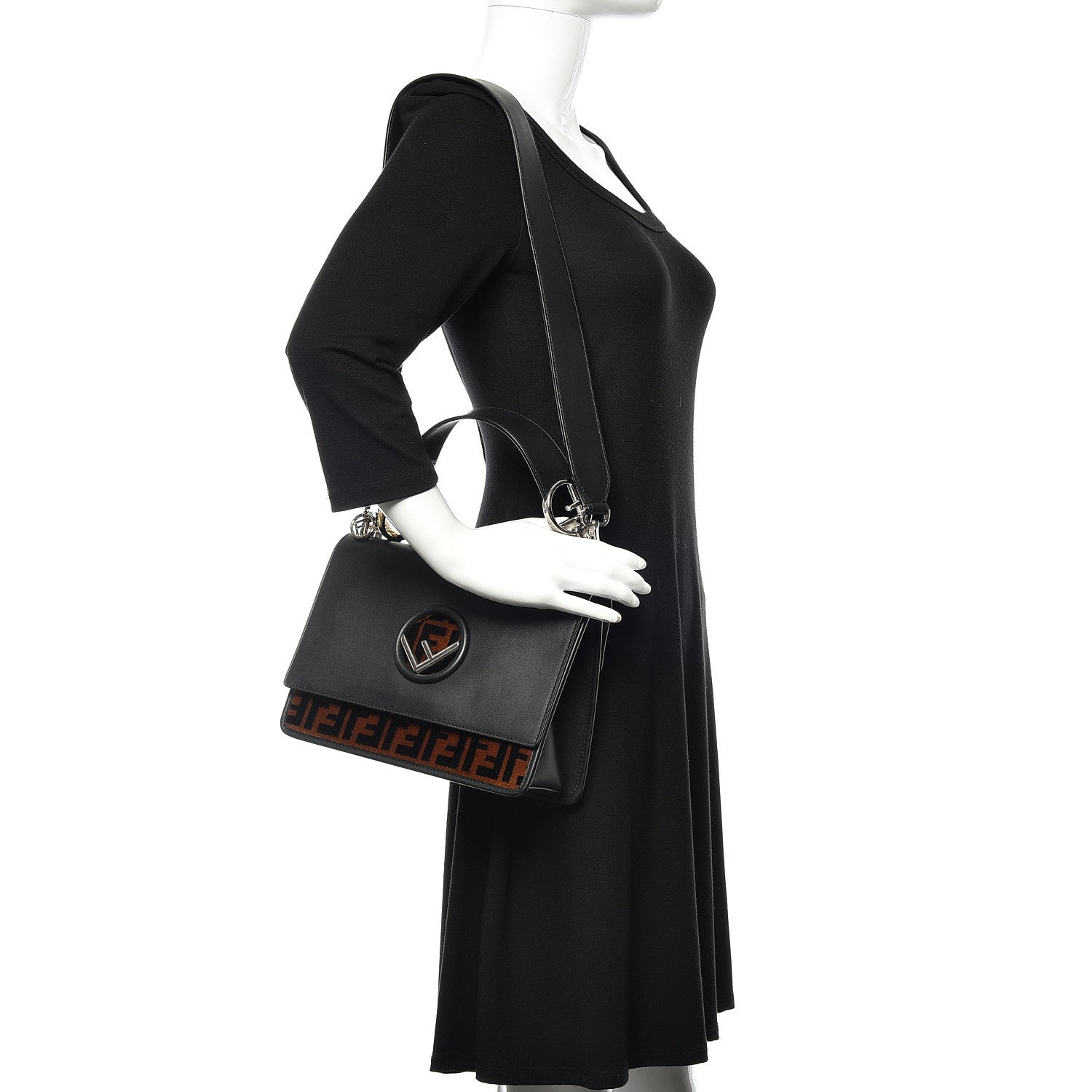Fendi Vitello Century Velvet F is Fendi FF Kan I Shoulder Bag Black Tobacco 2 of 14