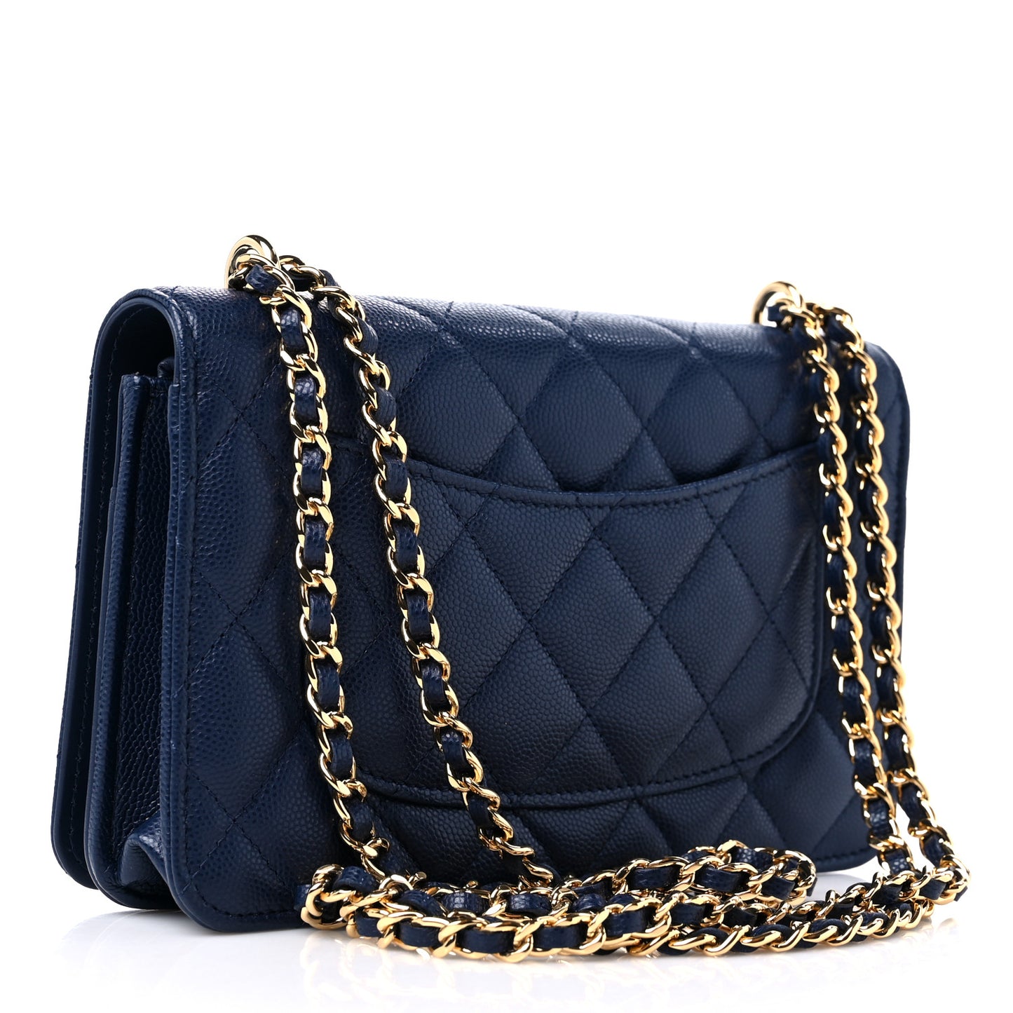 Caviar Quilted Pocket Clutch With Chain WOC Navy Blue