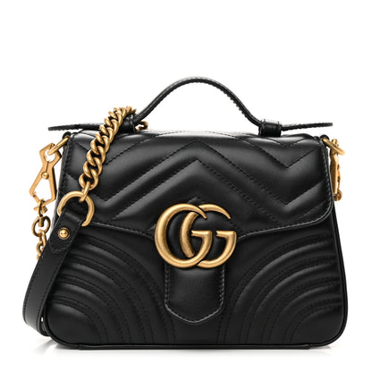 Gucci Calfskin Matelasse Mini GG Marmont Top Handle Shoulder Bag Black 1 of 13