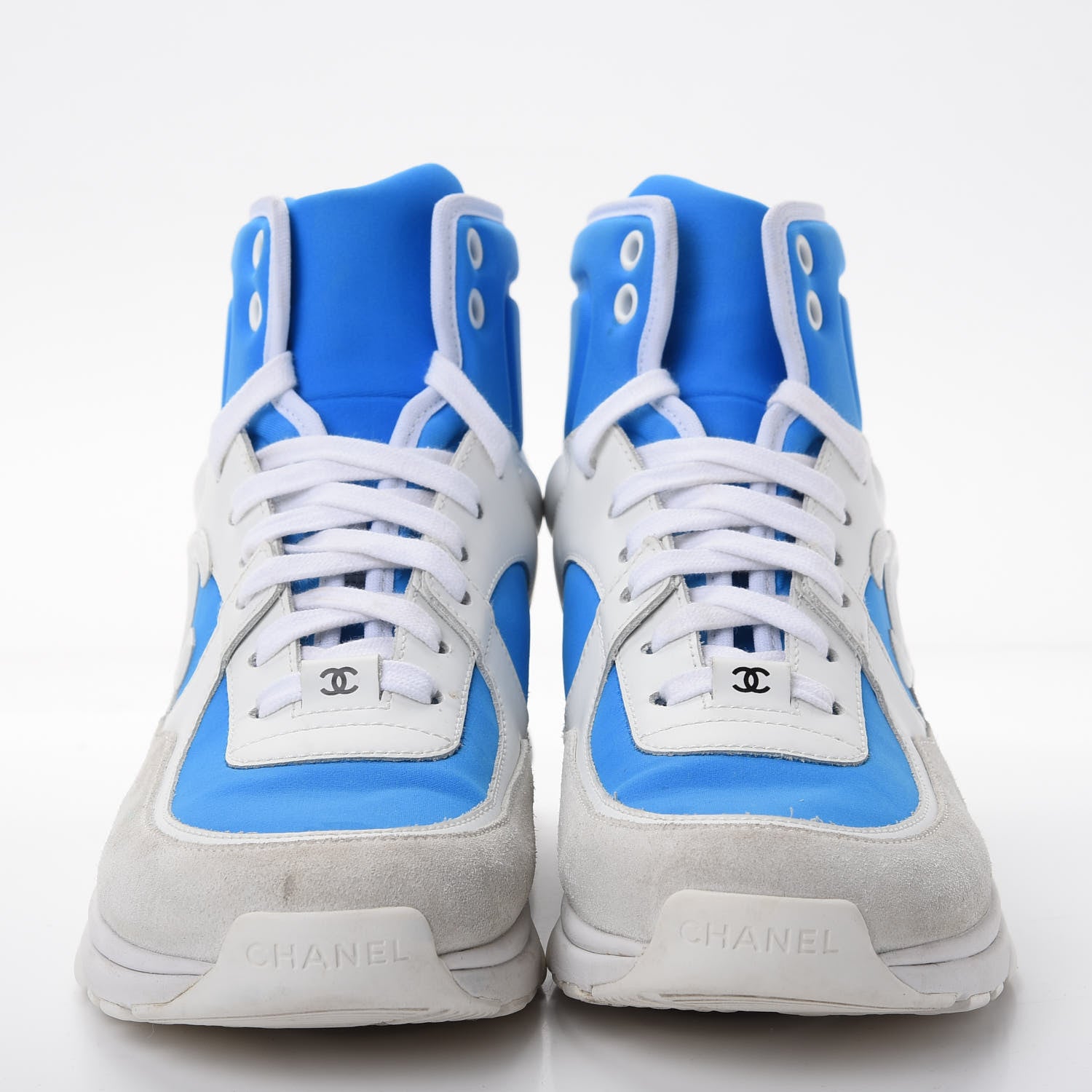 Chanel Suede Calfskin Lambskin High Top CC Sneakers 36.5 White Blue 2 of 10