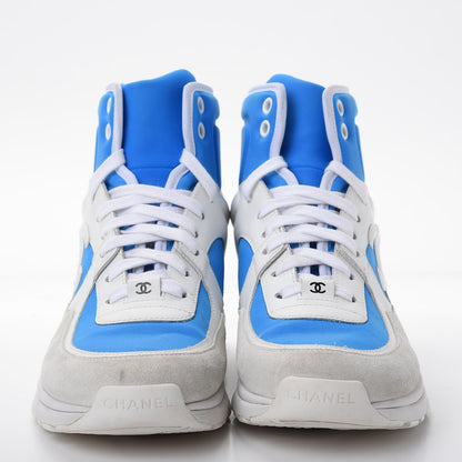 Chanel Suede Calfskin Lambskin High Top CC Sneakers 36.5 White Blue 2 of 10