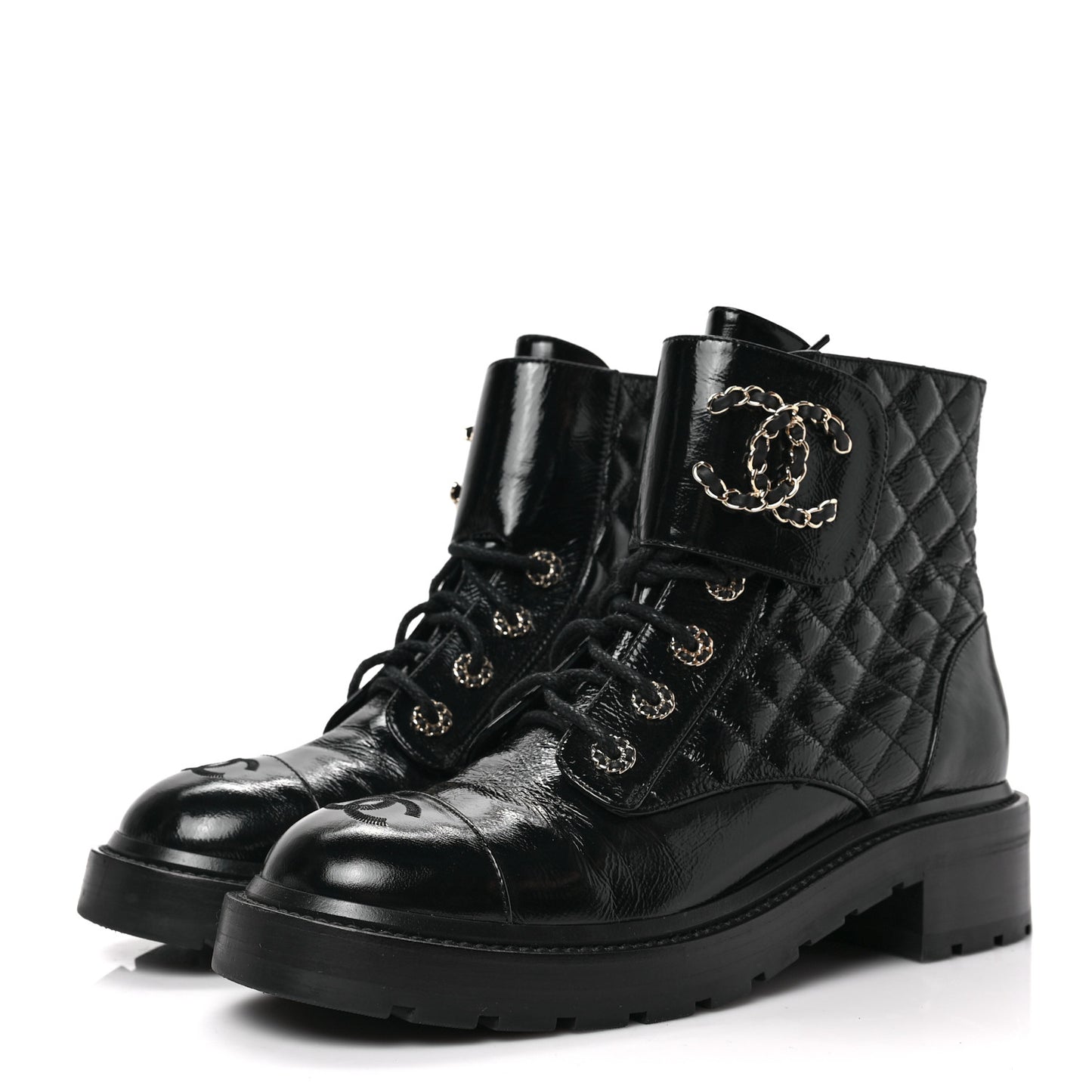 Shiny Calfskin Quilted Lace Up Combat Boots 40.5 Black