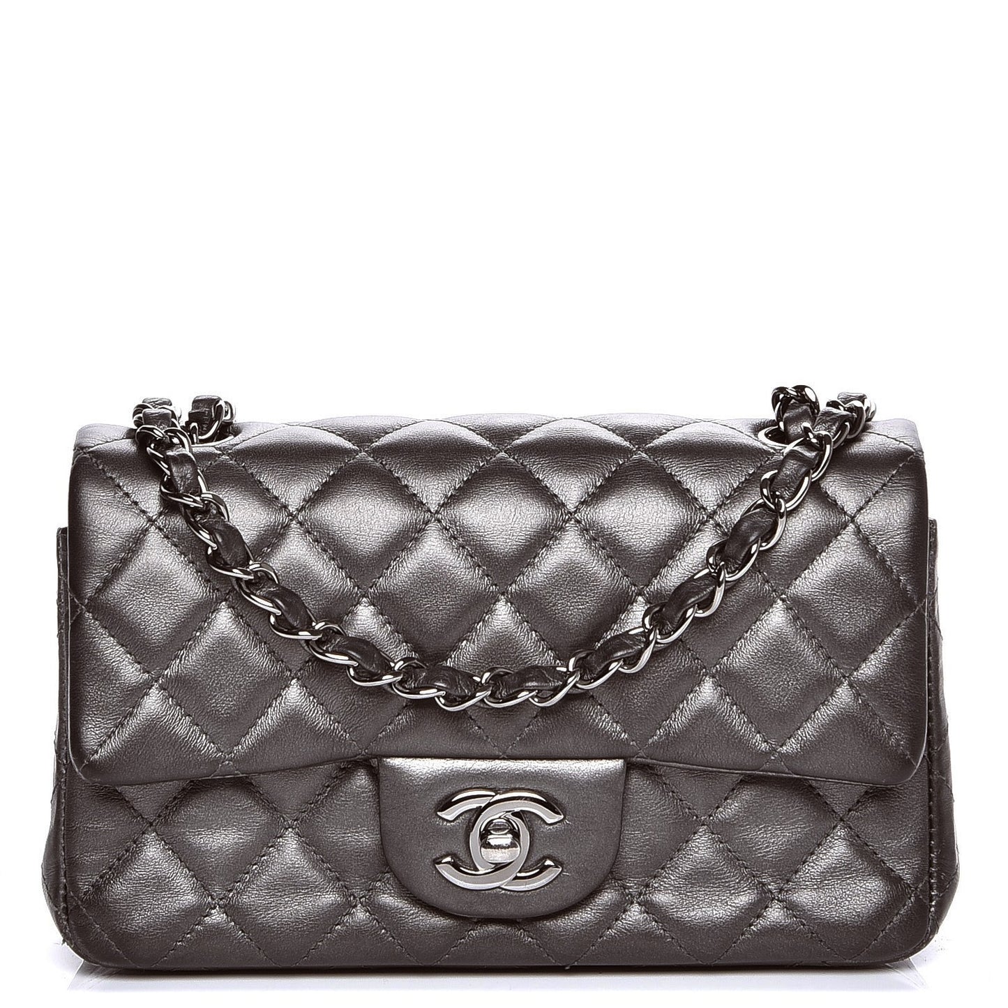 Metallic Calfskin Quilted Mini Rectangular Flap Dark Grey