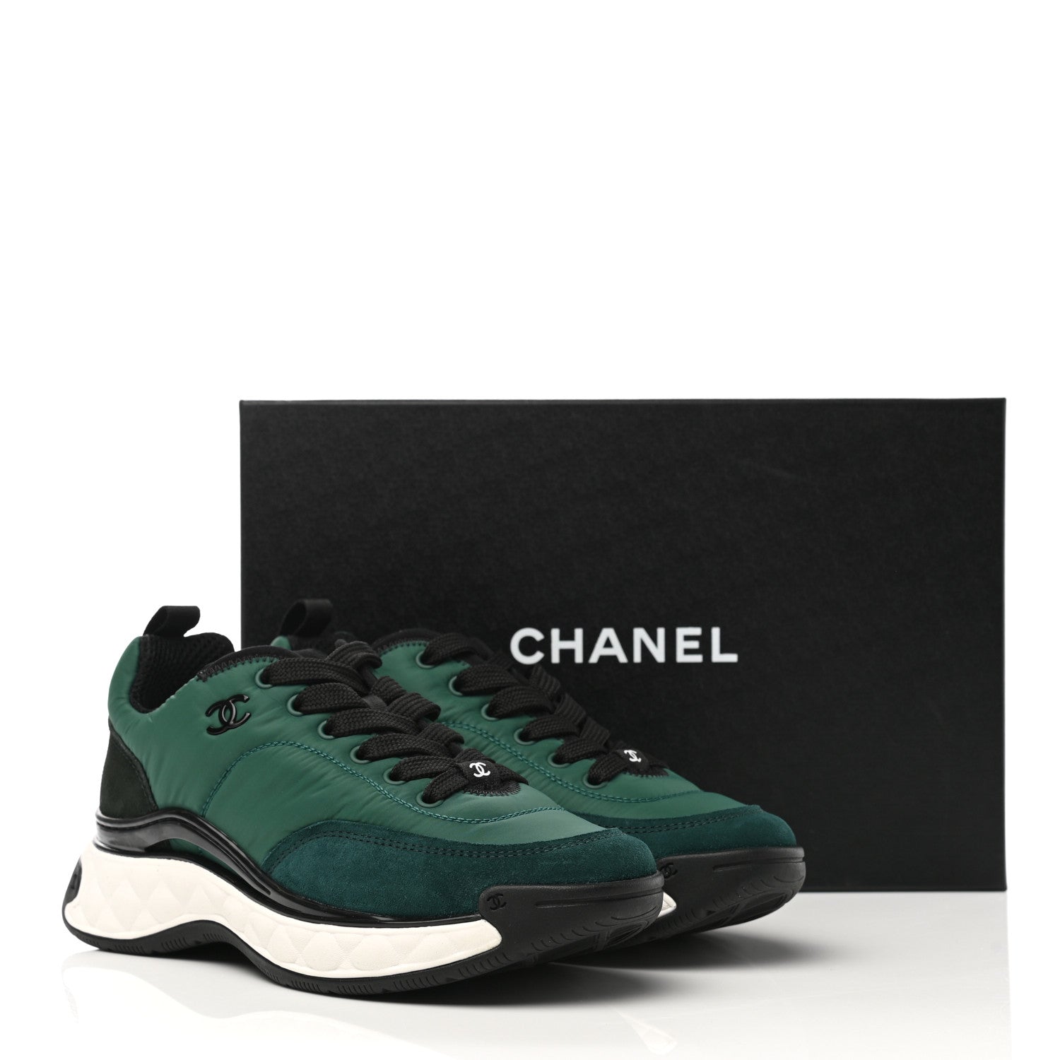 Chanel Nylon Suede Calfskin Womens Logo Sneakers 36.5 Green 9 of 9