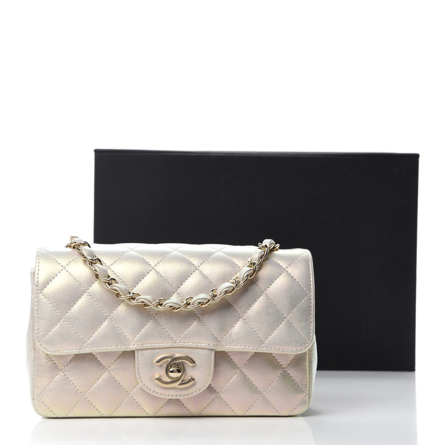 Iridescent Lambskin Quilted Mini Rectangular Flap Ivory