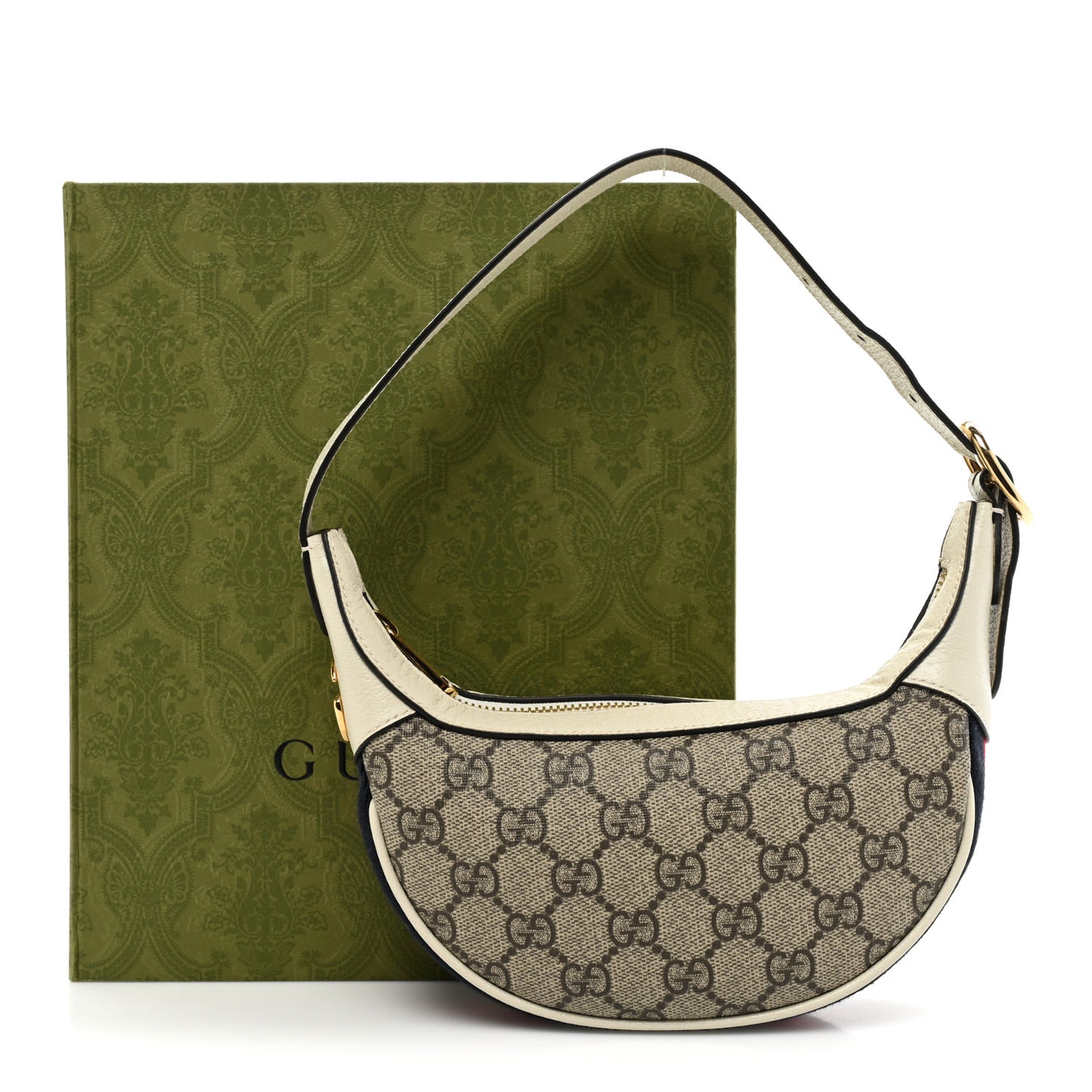 GG Supreme Monogram Textured Dollar Calfskin Web Mini Ophidia Half Moon Hobo Beige Ebony Mystic White