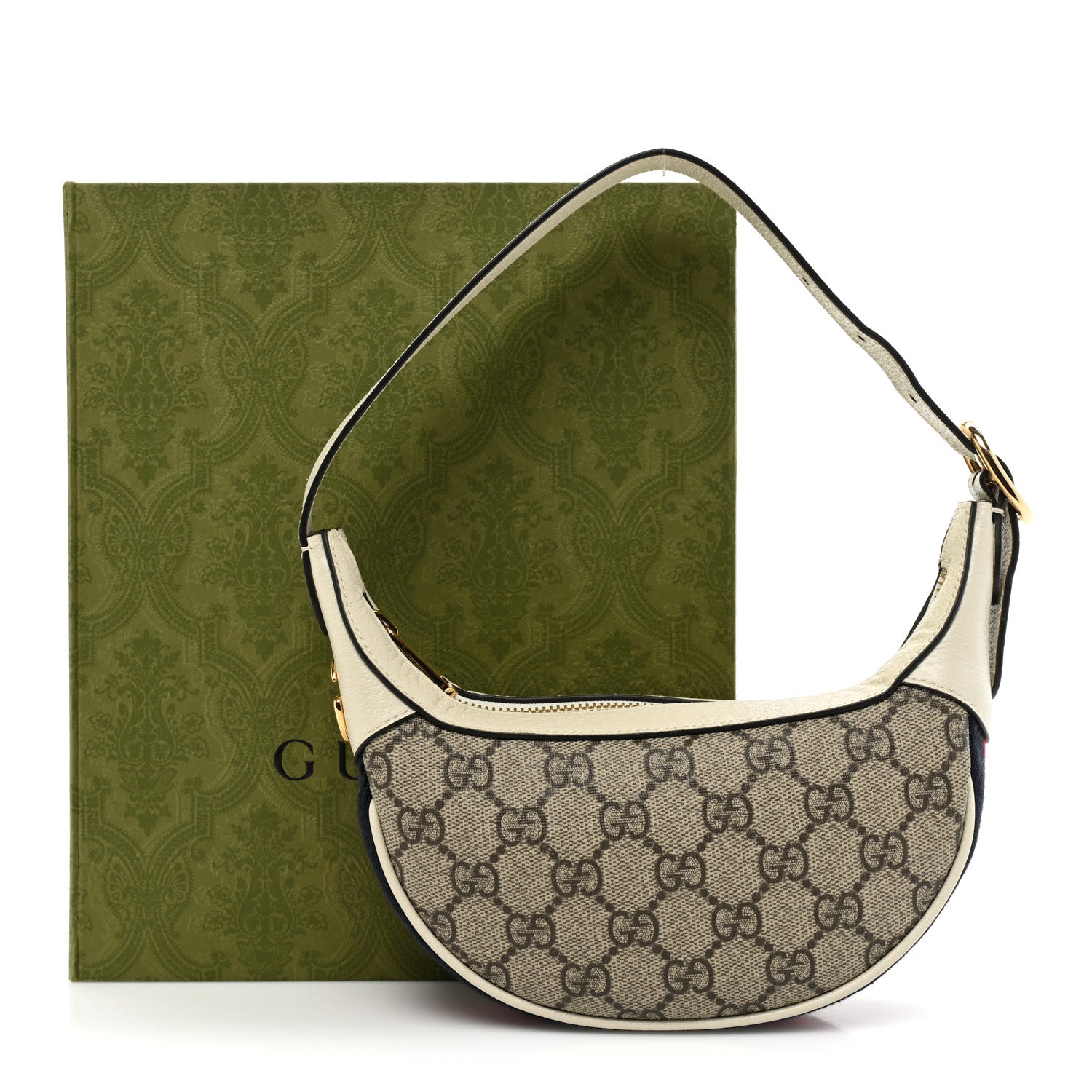 Gucci GG Supreme Monogram Textured Dollar Calfskin Web Mini Ophidia Half Moon Hobo Beige Ebony Mystic White 10 of 10
