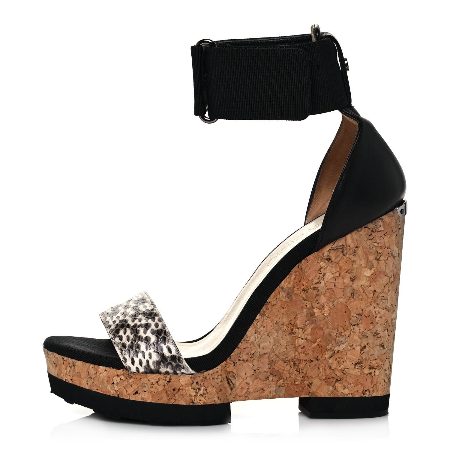 Jimmy Choo Watersnake Grosgrain Neston Cork Wedge Sandals 38 Black 1 of 7