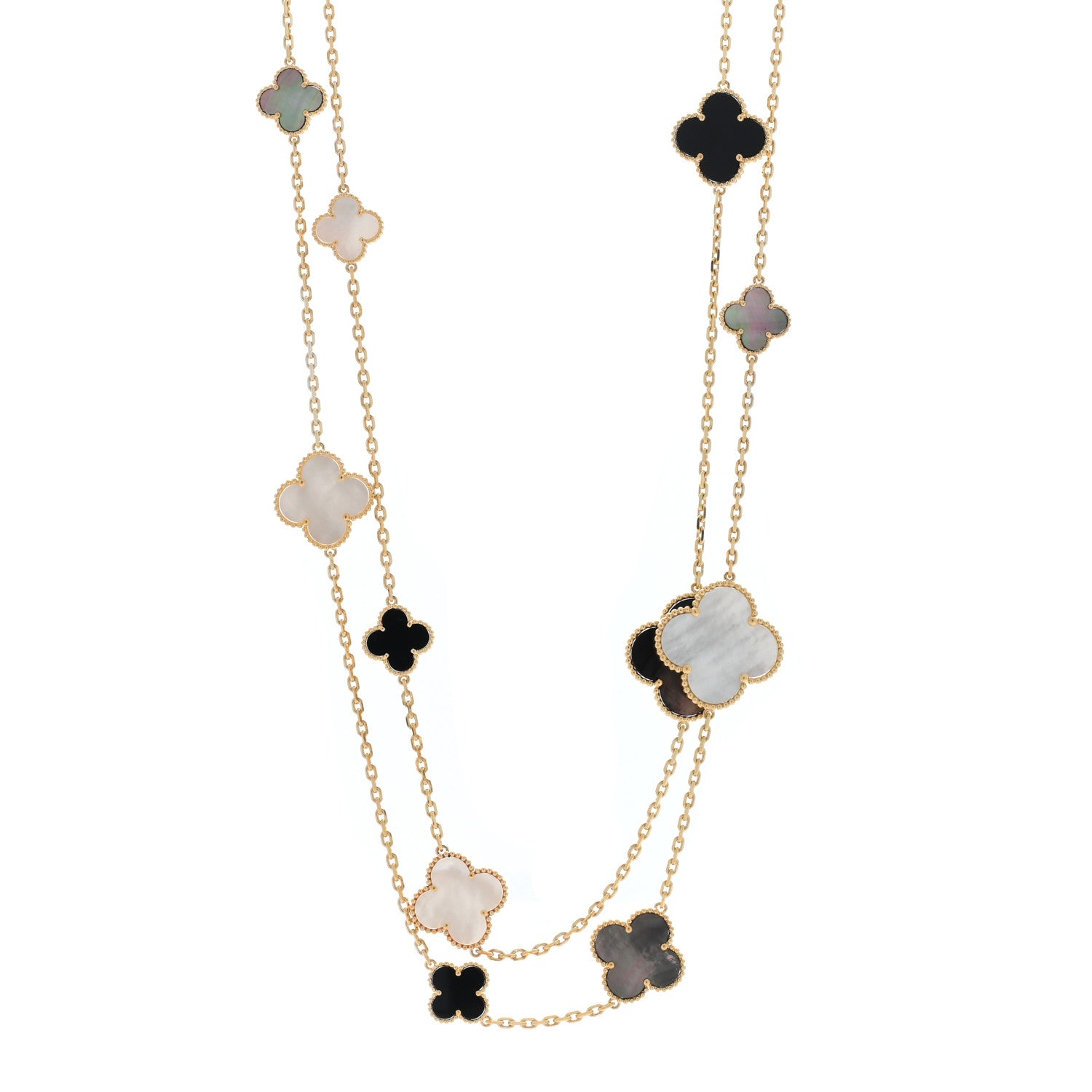 Van Cleef & Arpels 18K Yellow Gold Onyx Mother of Pearl 16 Motifs Magic Alhambra Necklace 1 of 6