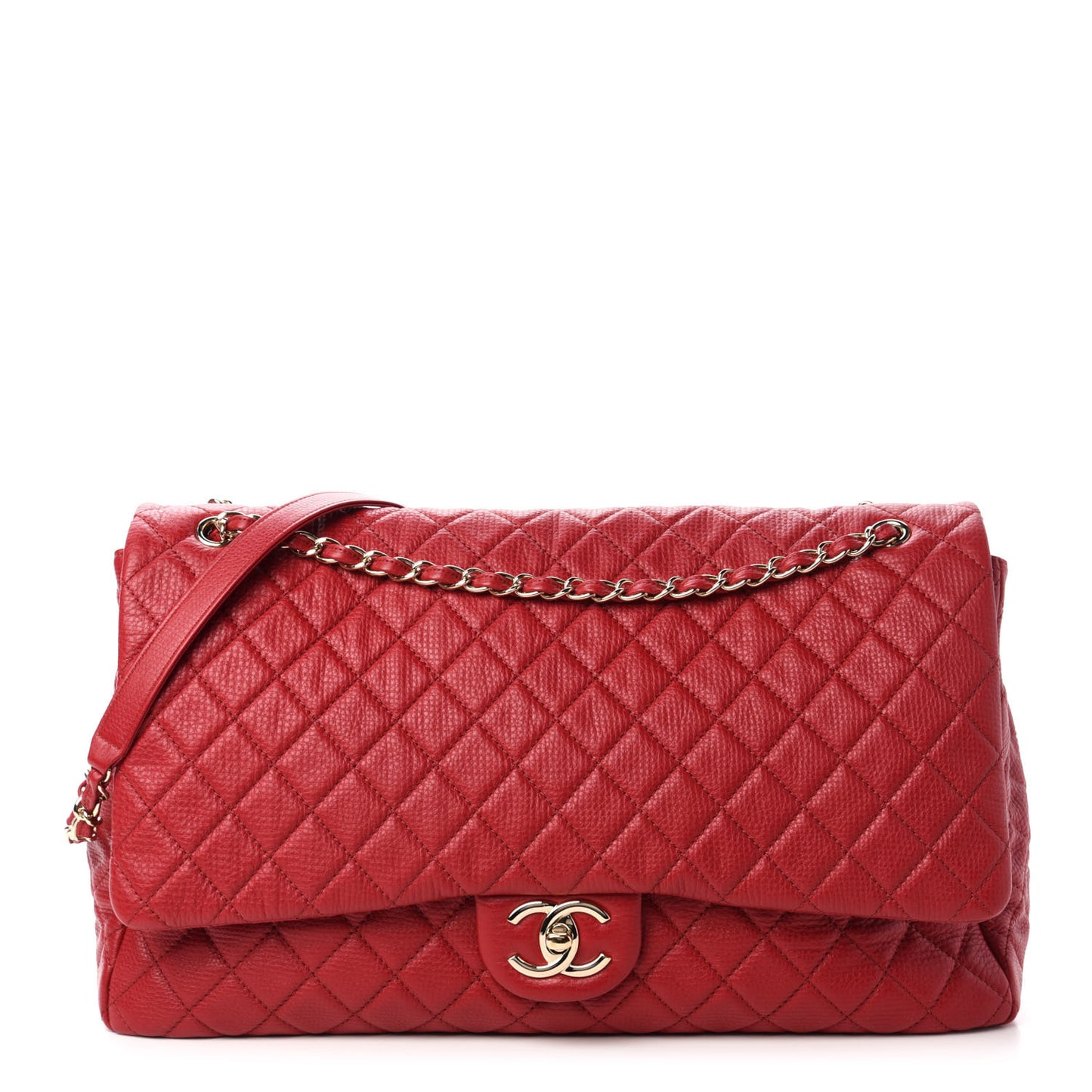 Calfskin Quilted XXL Travel Flap Bag Red