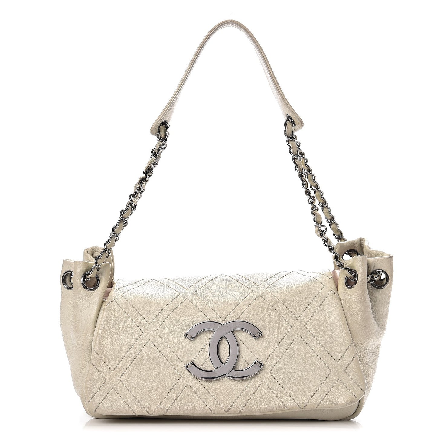 Calfskin Diamond Stitch Accordion Flap White