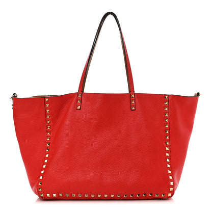 Valentino Garavani Grained Calfskin Medium Rockstud Reversible Tote Tan Red 1 of 19