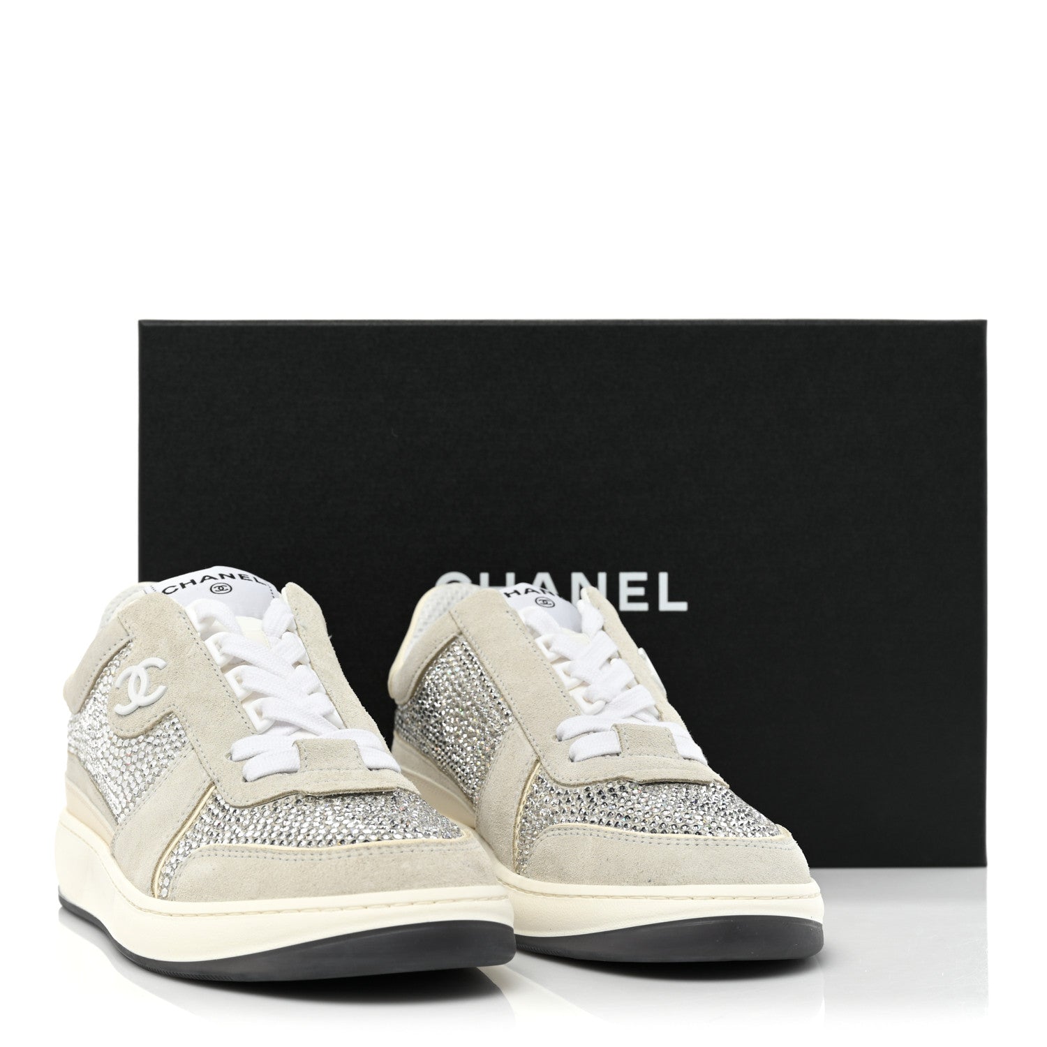 Chanel Calfskin Suede Crystal Womens CC Sneakers 38 White 10 of 10