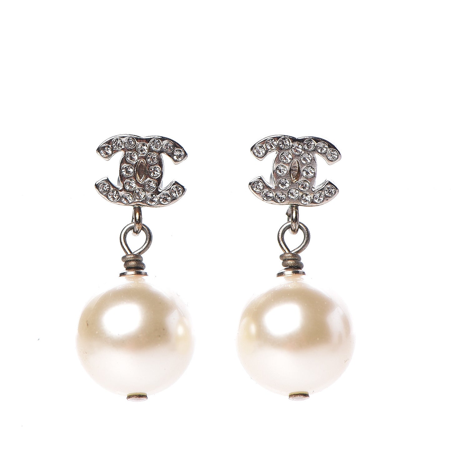 Crystal Pearl CC Drop Earrings Silver Pearly White