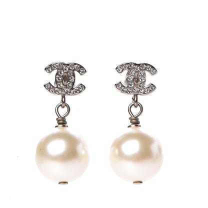 Chanel Crystal Pearl CC Drop Earrings Silver Pearly White 1 of 5