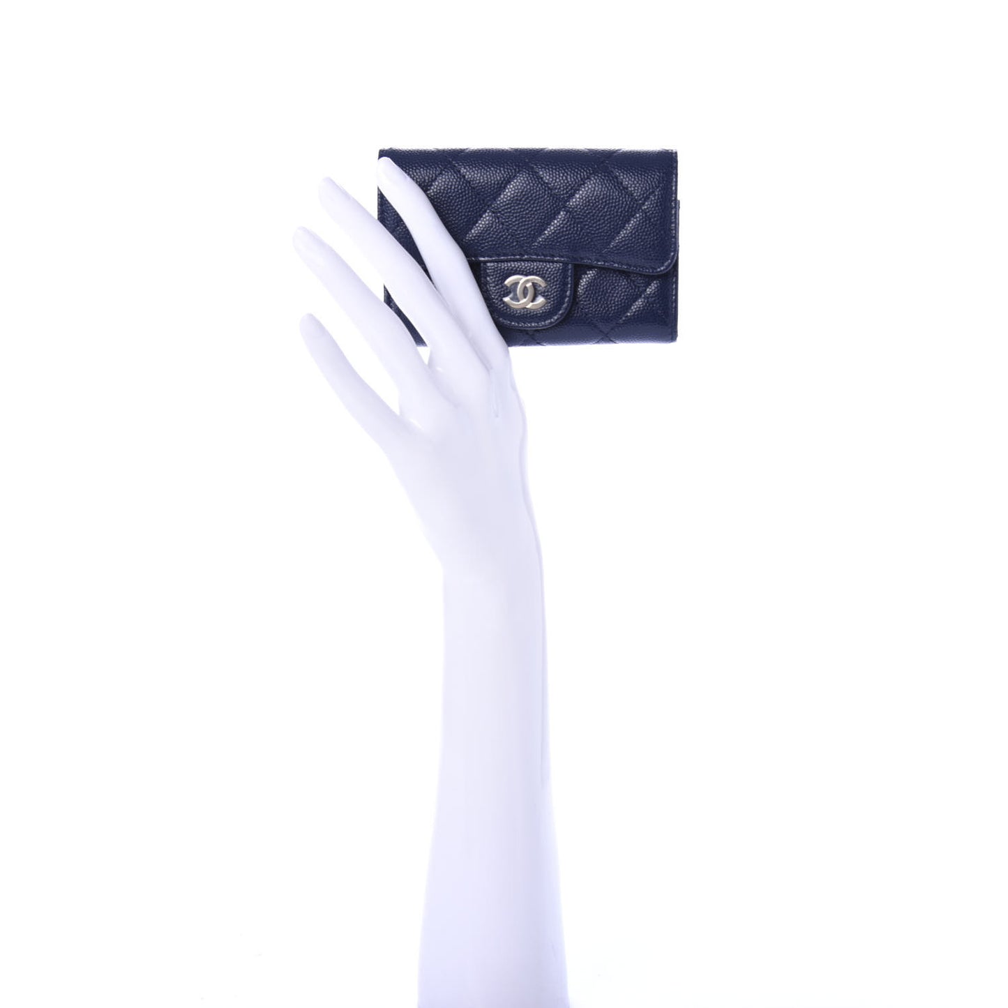 Caviar Quilted Flap Card Holder Wallet Navy Blue