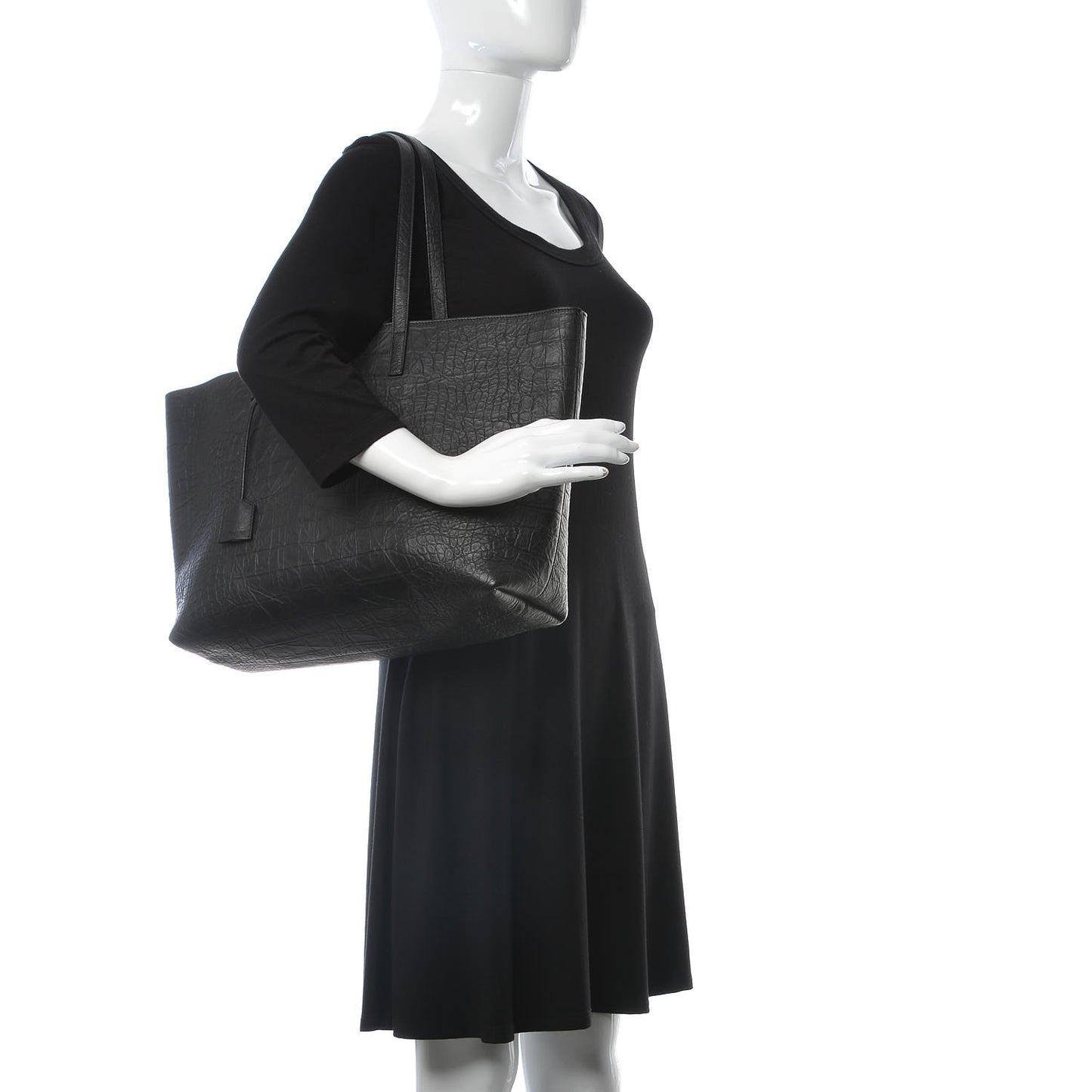 Calfskin Crocodile Embossed Large Shopper Tote Black