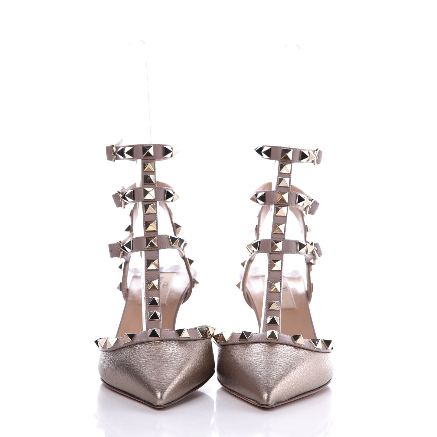 Metallic Pebbled Calfskin Rockstud Ankle Strap 65mm Pumps 35.5 Skin Poudre