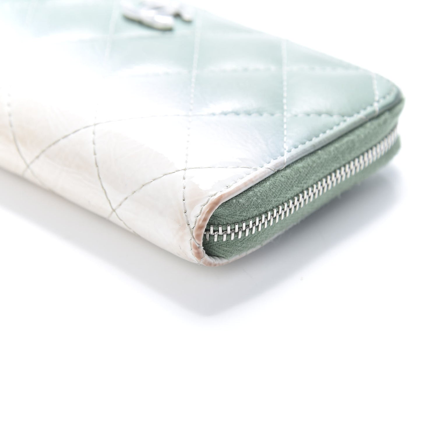 Faded Patent Calfskin Quilted Small Zip Around Wallet Green