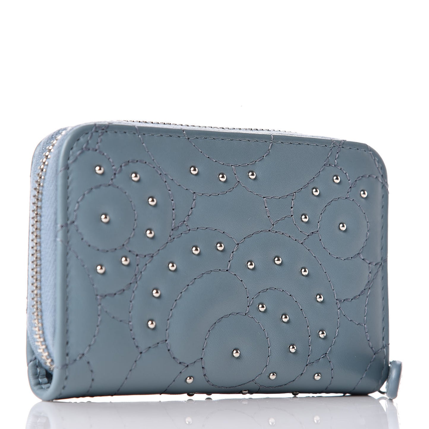 Lambskin Camellia Embossed Studded Zip Coin Purse Blue