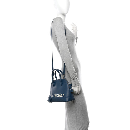 Balenciaga Signature Grained Calfskin Logo S Ville Top Handle Bag Petrol Blue White 3 of 11