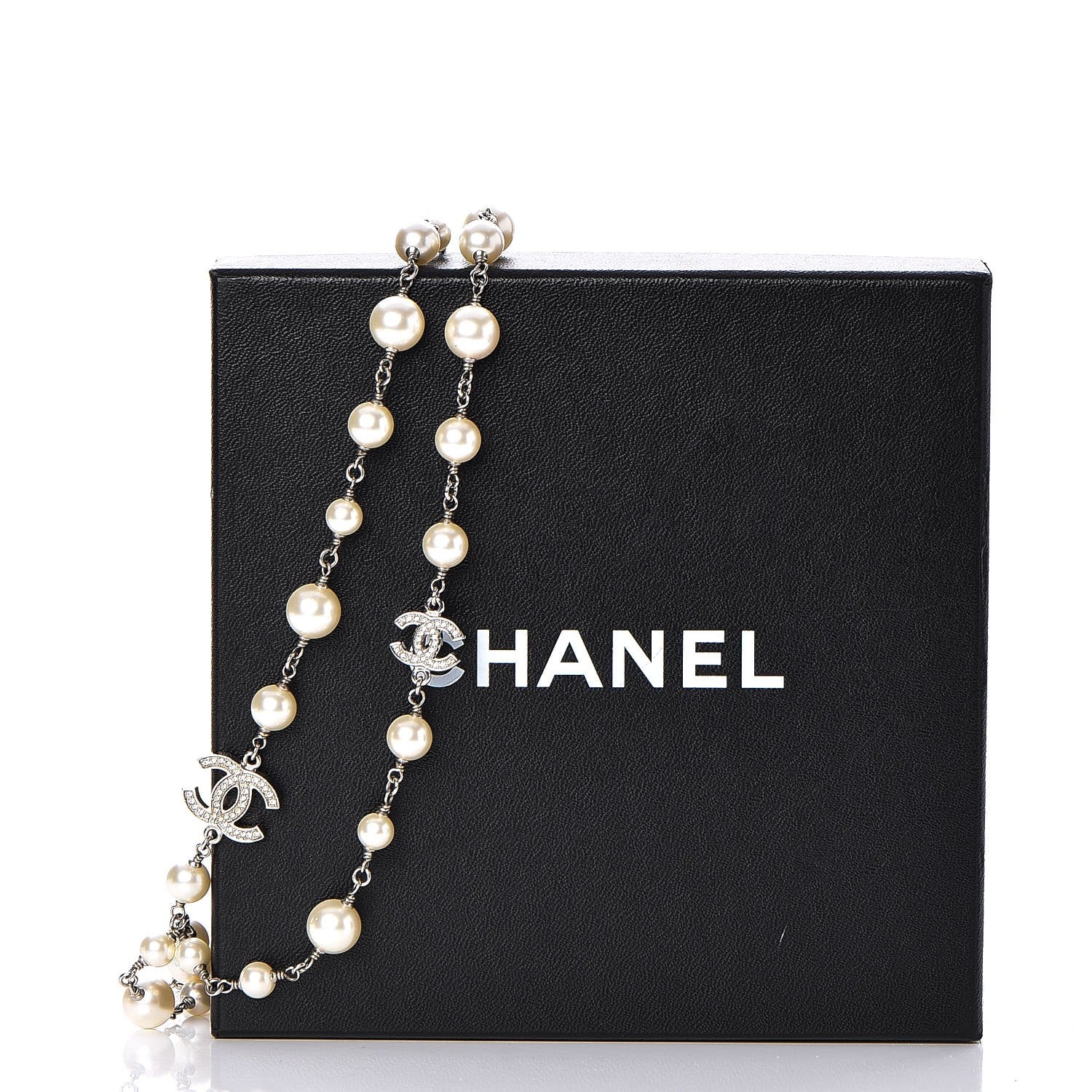 Chanel Crystal Pearl CC Long Necklace Silver 7 of 7