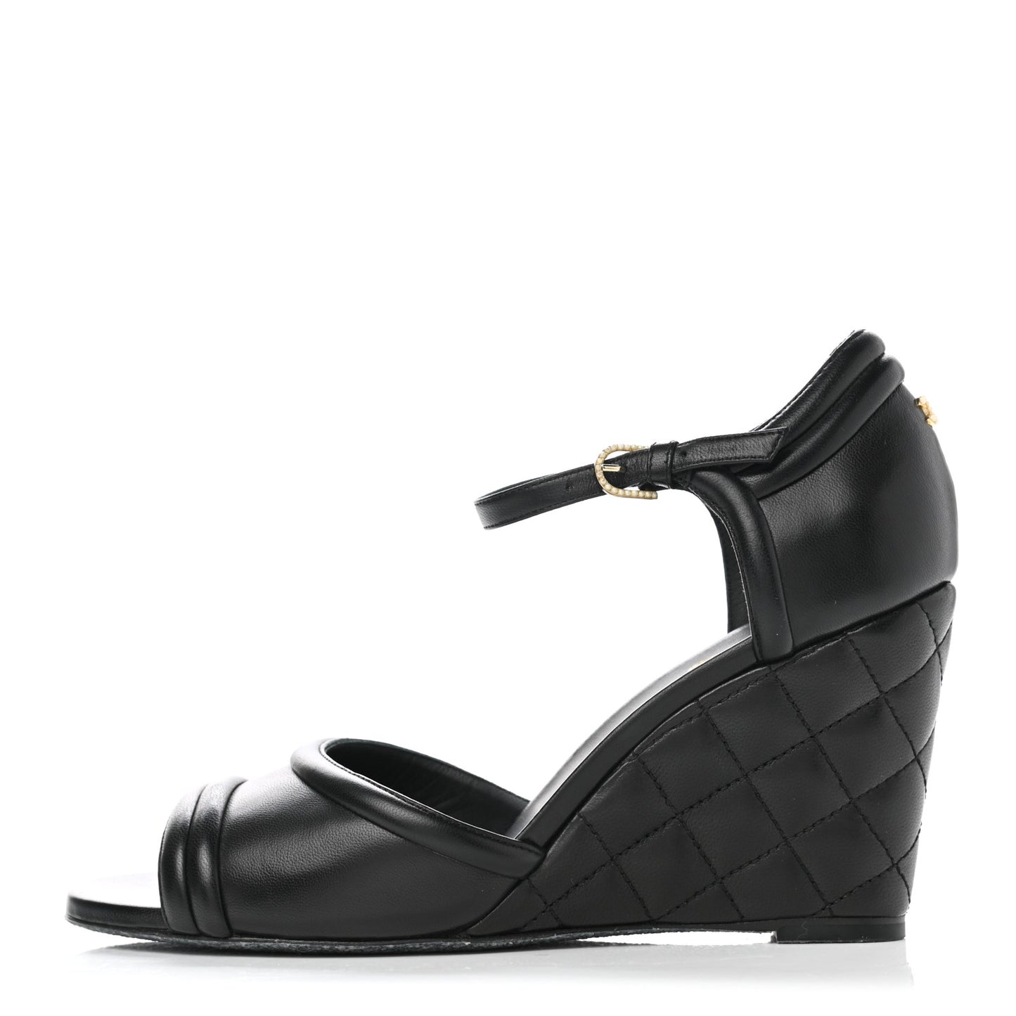 Lambskin Pearl Quilted Peep Toe Wedge Sandals 40 Black