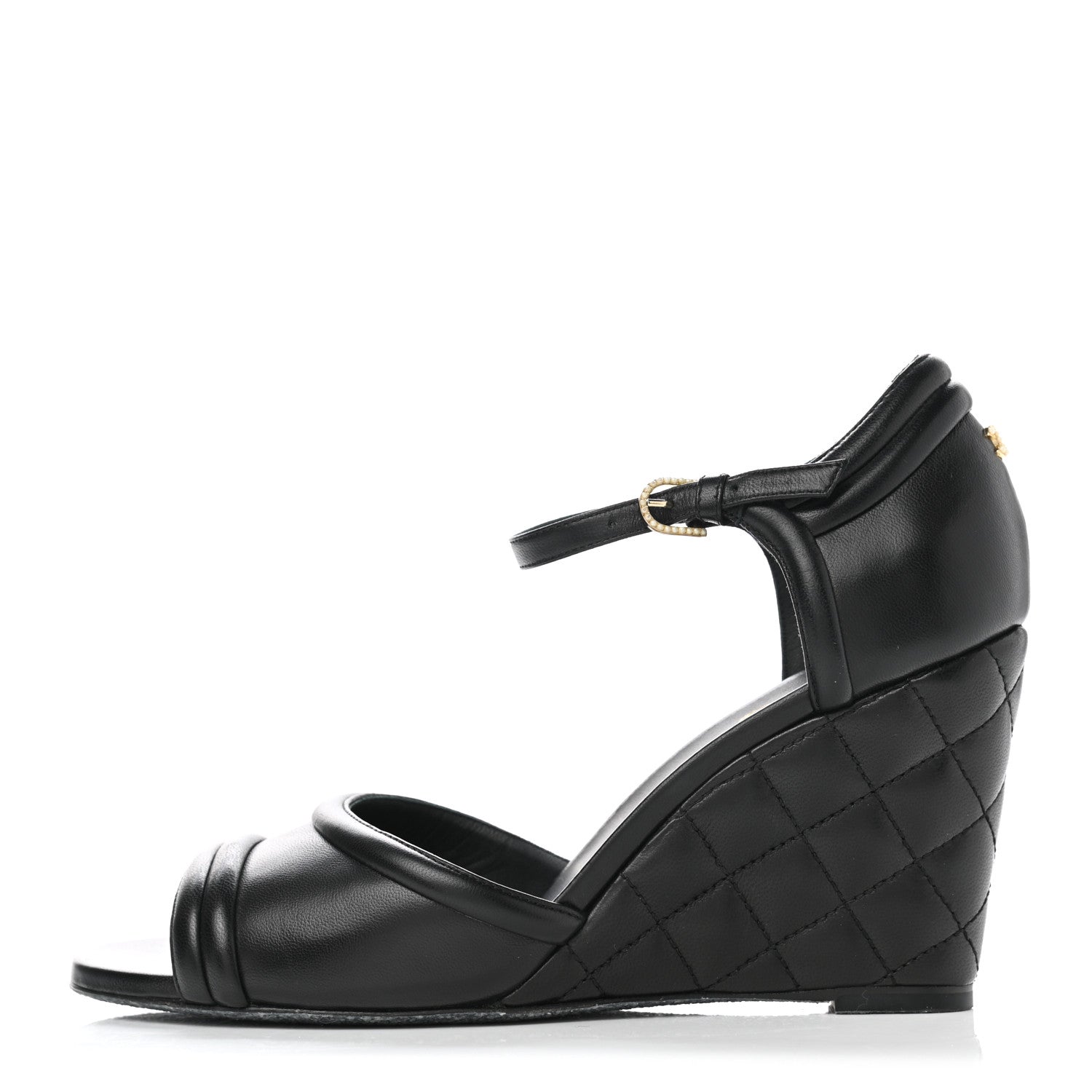 Chanel Lambskin Pearl Quilted Peep Toe Wedge Sandals 40 Black 1 of 9