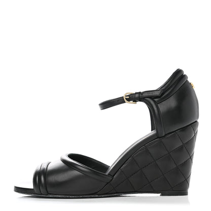 Chanel Lambskin Pearl Quilted Peep Toe Wedge Sandals 40 Black 1 of 9