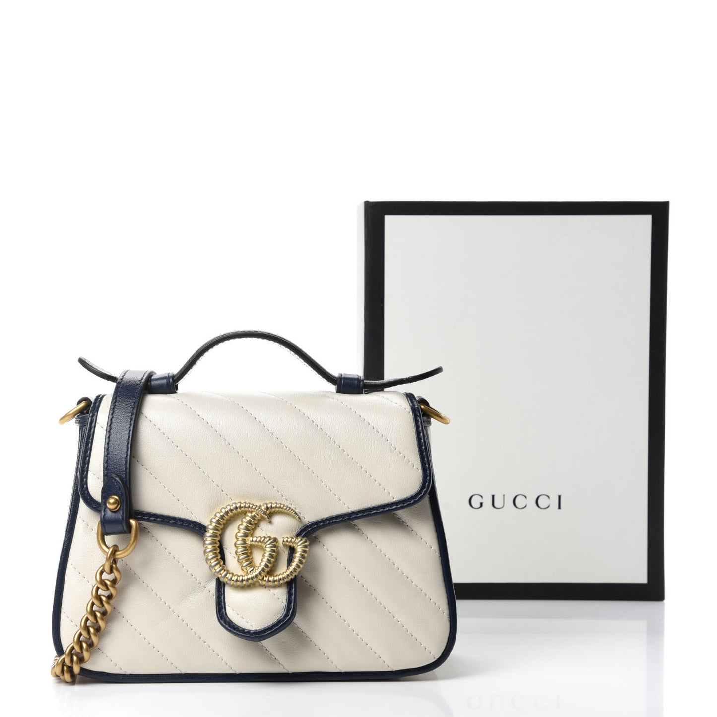 Vintage Effect Calfskin Matelasse Diagonal Mini Torchon GG Marmont Top Handle Shoulder Bag Mystic White Blue Agata