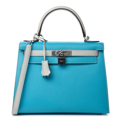 Hermes Chevre Mysore Horseshoe Kelly Sellier 28 Turquoise Gris Perle 1 of 11