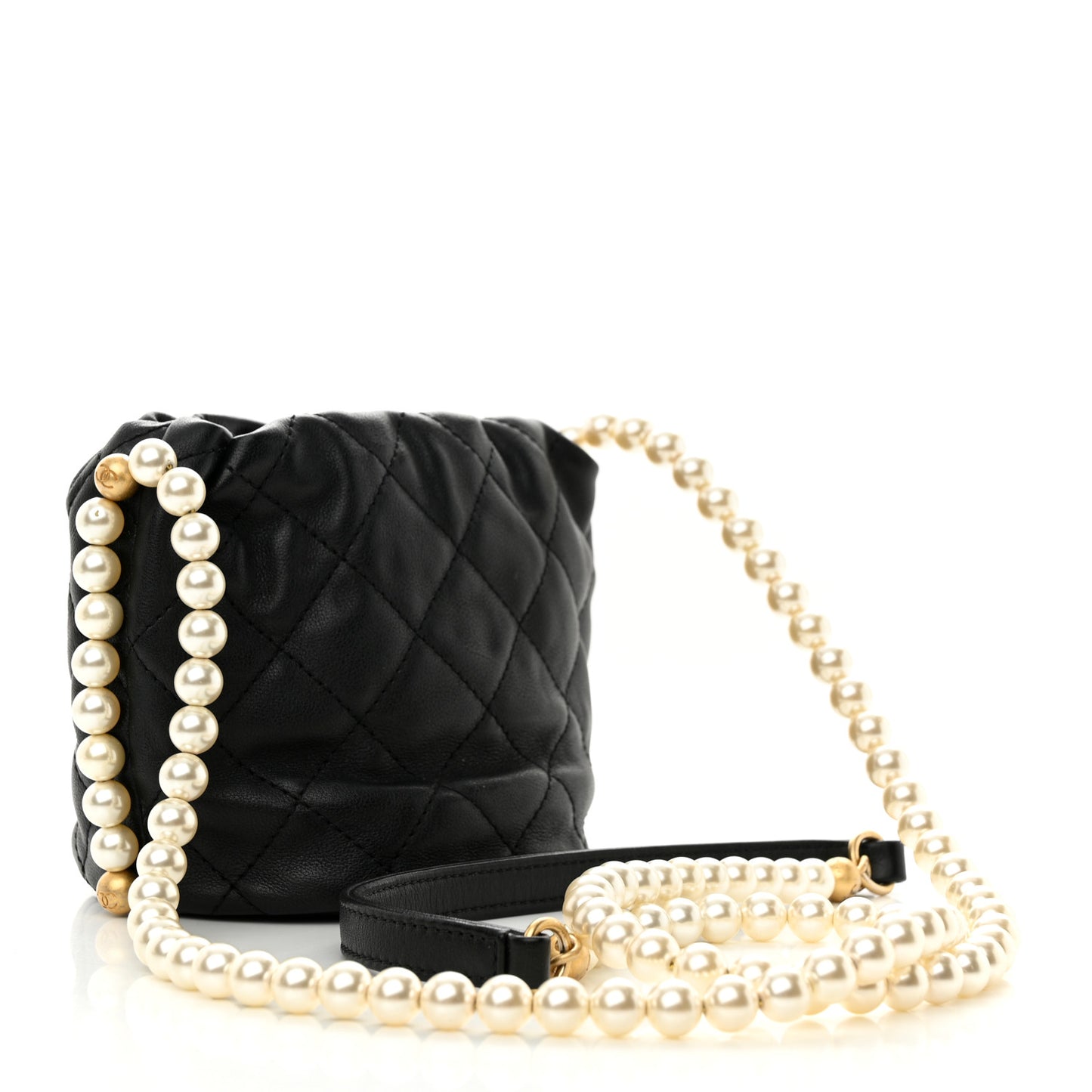 Calfskin Quilted Pearl Mini About Pearls Drawstring Bucket Bag Black