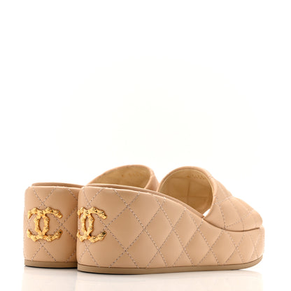 Chanel Lambskin Quilted Camelia CC Wedge Sandal Mules 38 Beige 5 of 15