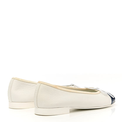 Chanel Calfskin Patent CC Cap Toe Ballerina Flats 37.5 White Blue 4 of 14