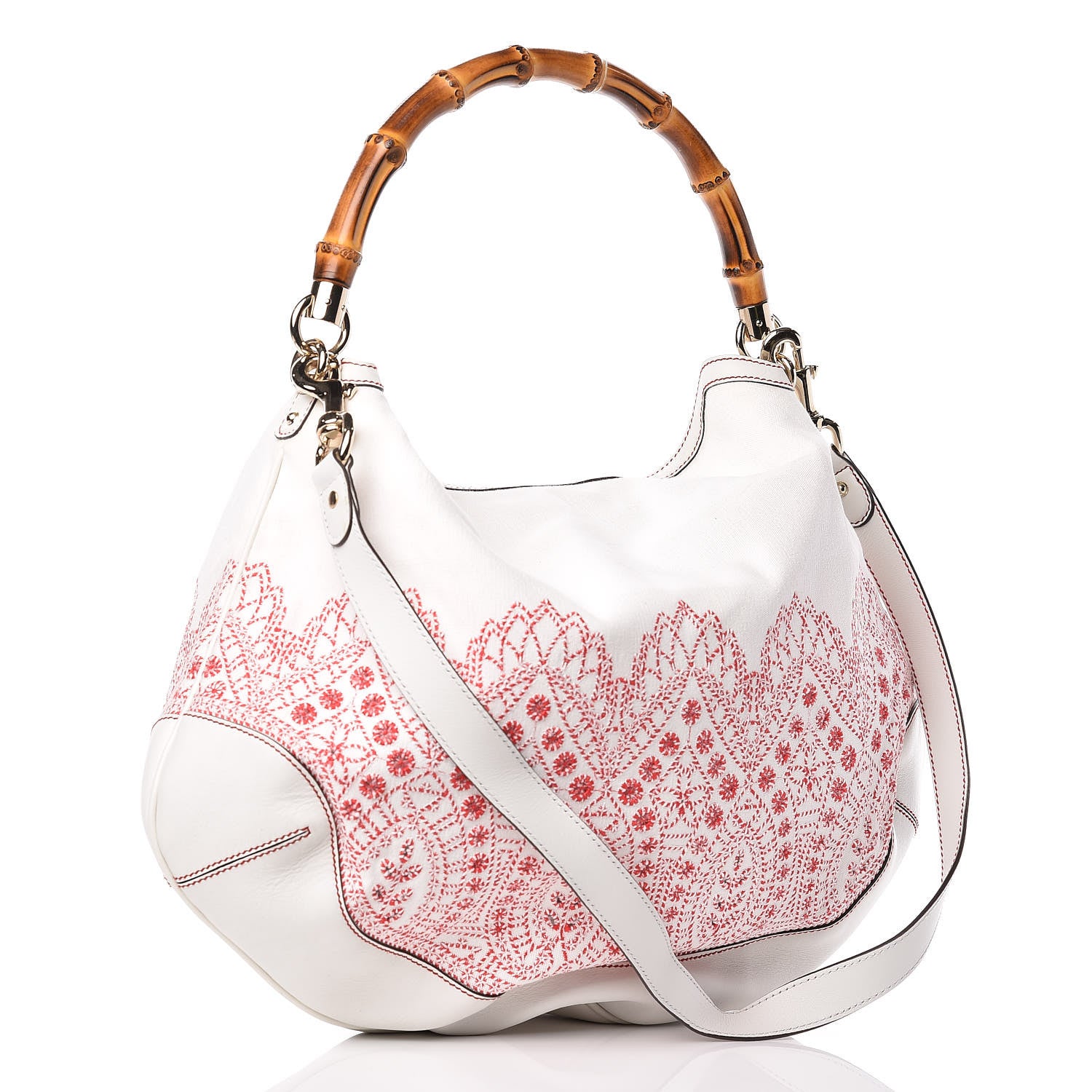 Gucci Canvas Embroidered Peggy Bamboo Top Handle Hobo White 4 of 15