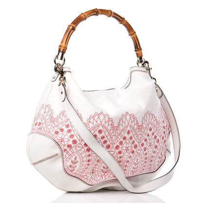 Gucci Canvas Embroidered Peggy Bamboo Top Handle Hobo White 4 of 15