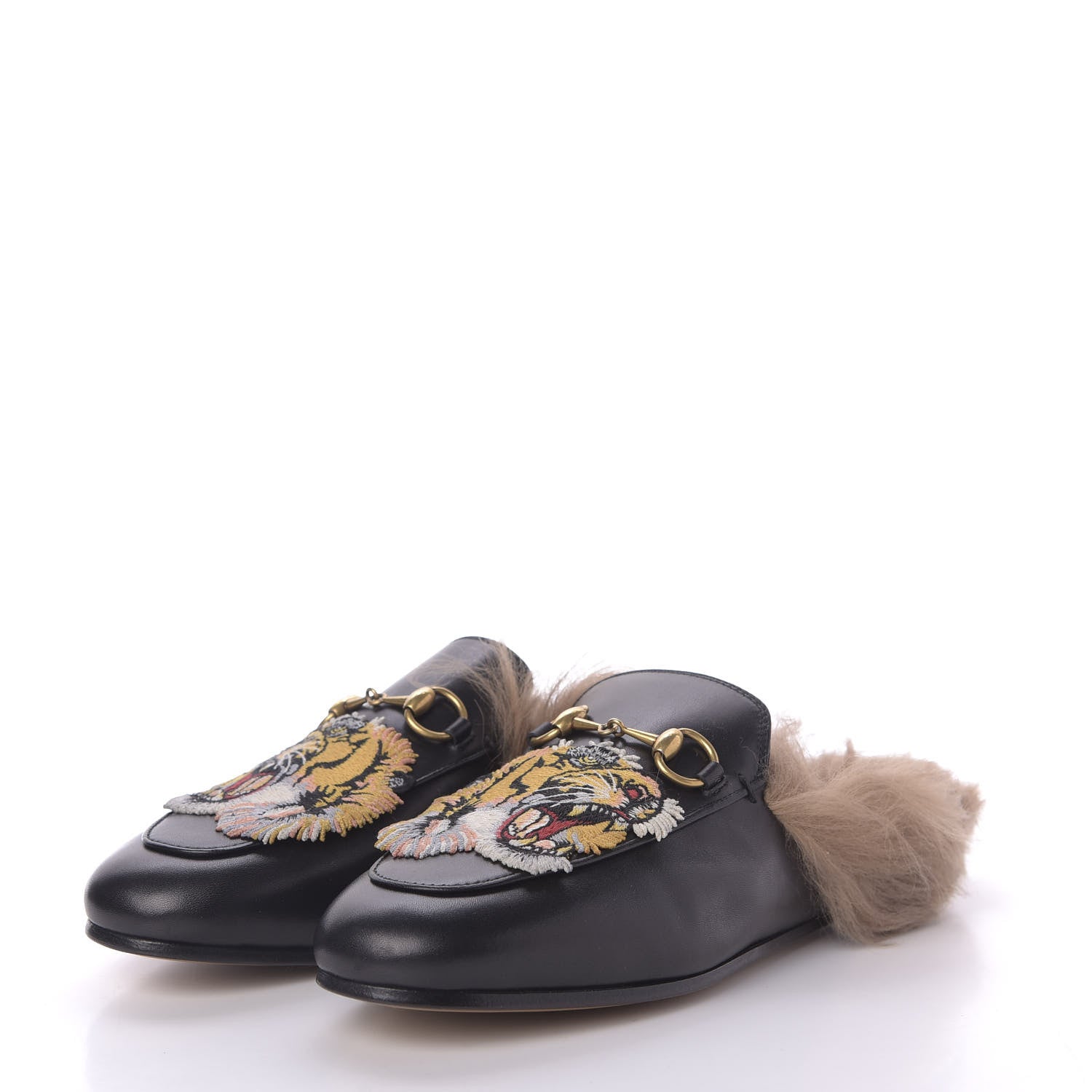 Gucci Calfskin Fur Tiger Embroidered Womens Princetown Slippers 36 Black 1 of 10