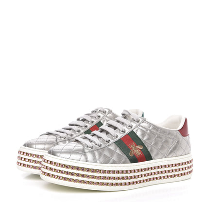 Gucci Laminated Nappa Crystal Web Bee Embroidered Trapuntata Womens Ace Platform Sneakers 37 Argento 3 of 9