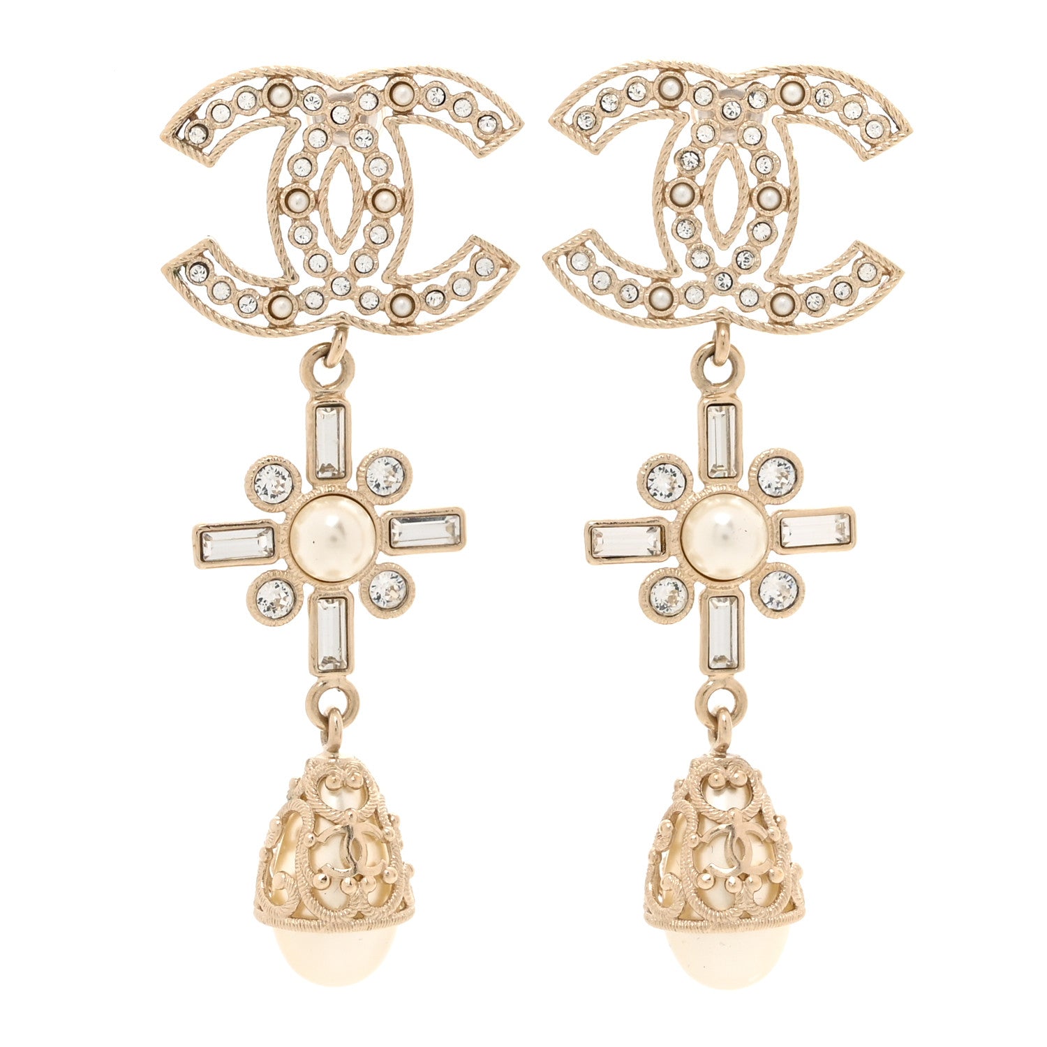 Chanel Crystal Baguette Pearl CC Cross Drop Earrings Gold 1 of 6