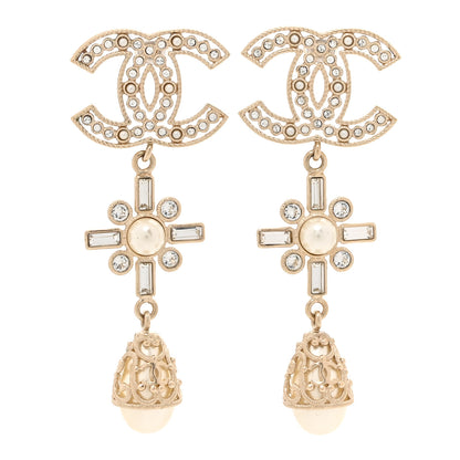 Chanel Crystal Baguette Pearl CC Cross Drop Earrings Gold 1 of 6
