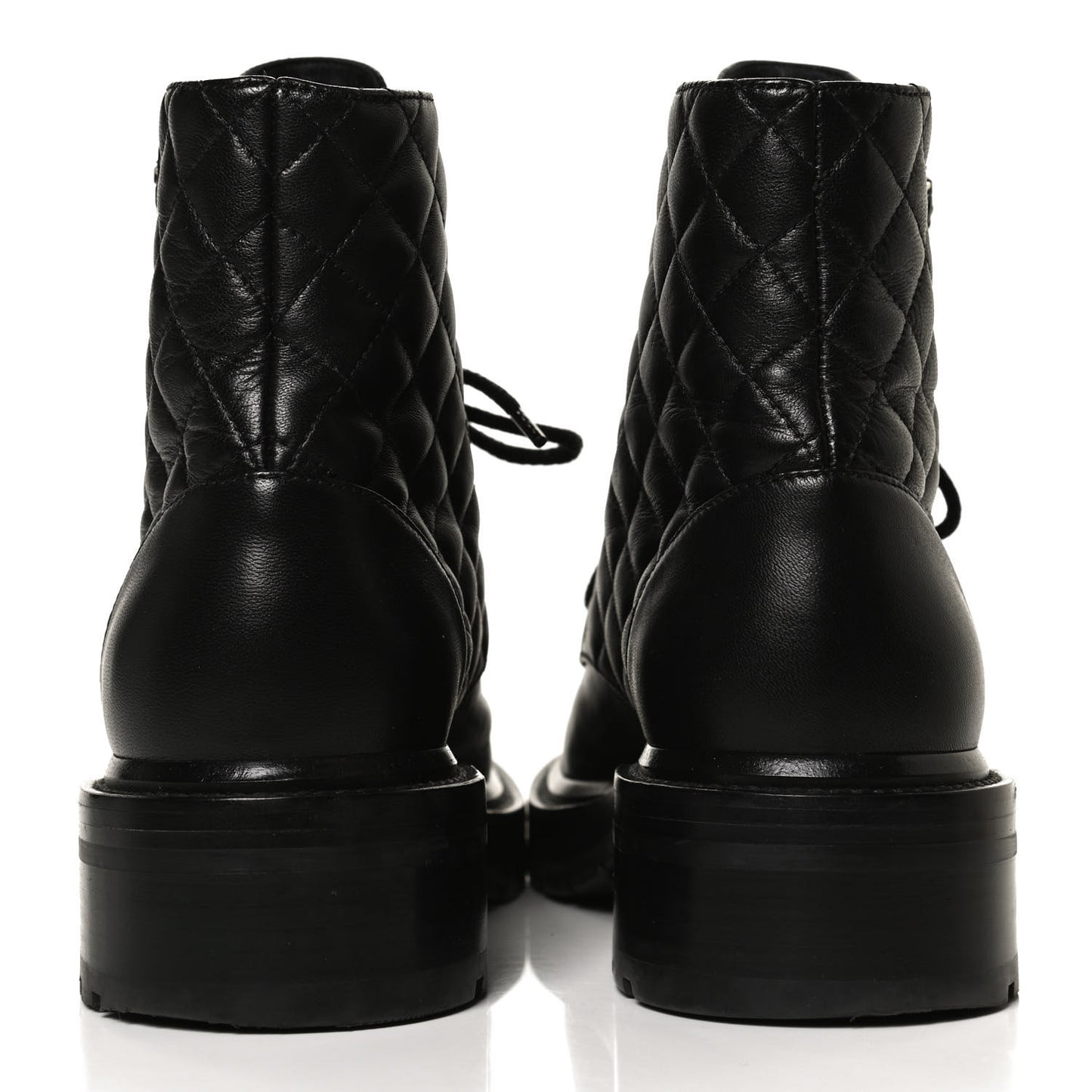 Shiny Lambskin Quilted Lace Up Combat Boots 38.5 Black
